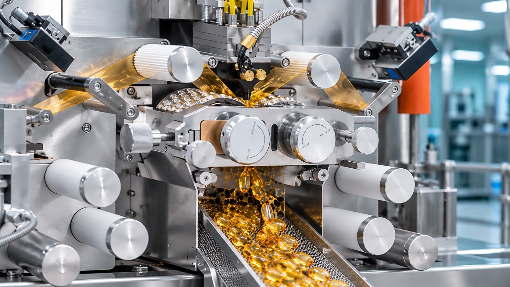 Rotary die softgel encapsulation machine producing amber enteric softgel capsules